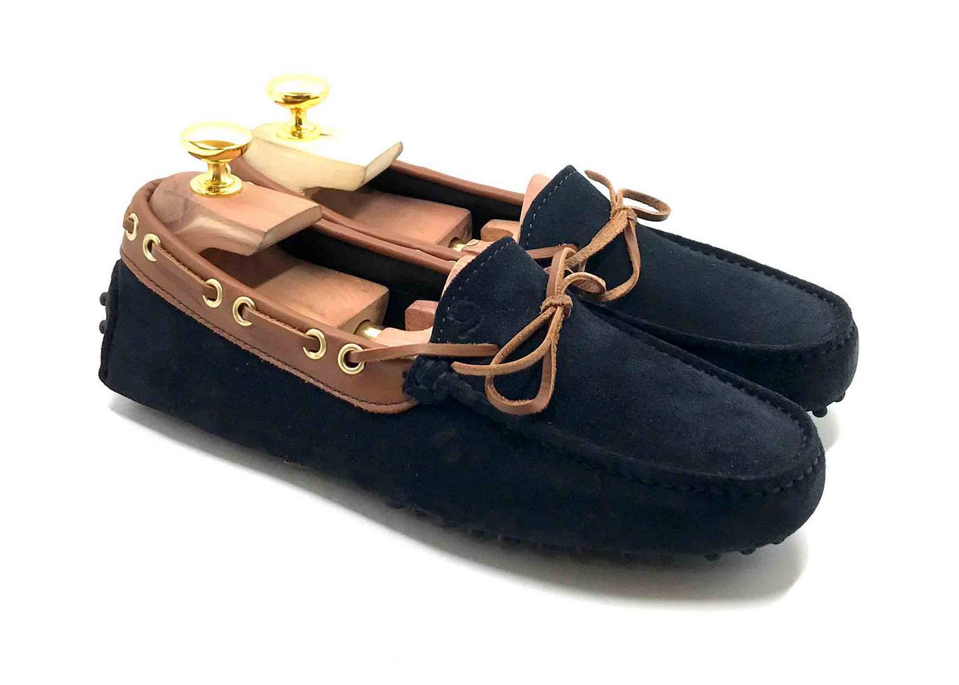 Loafers 'Drive' in dark Blue navy suede with light Brown details