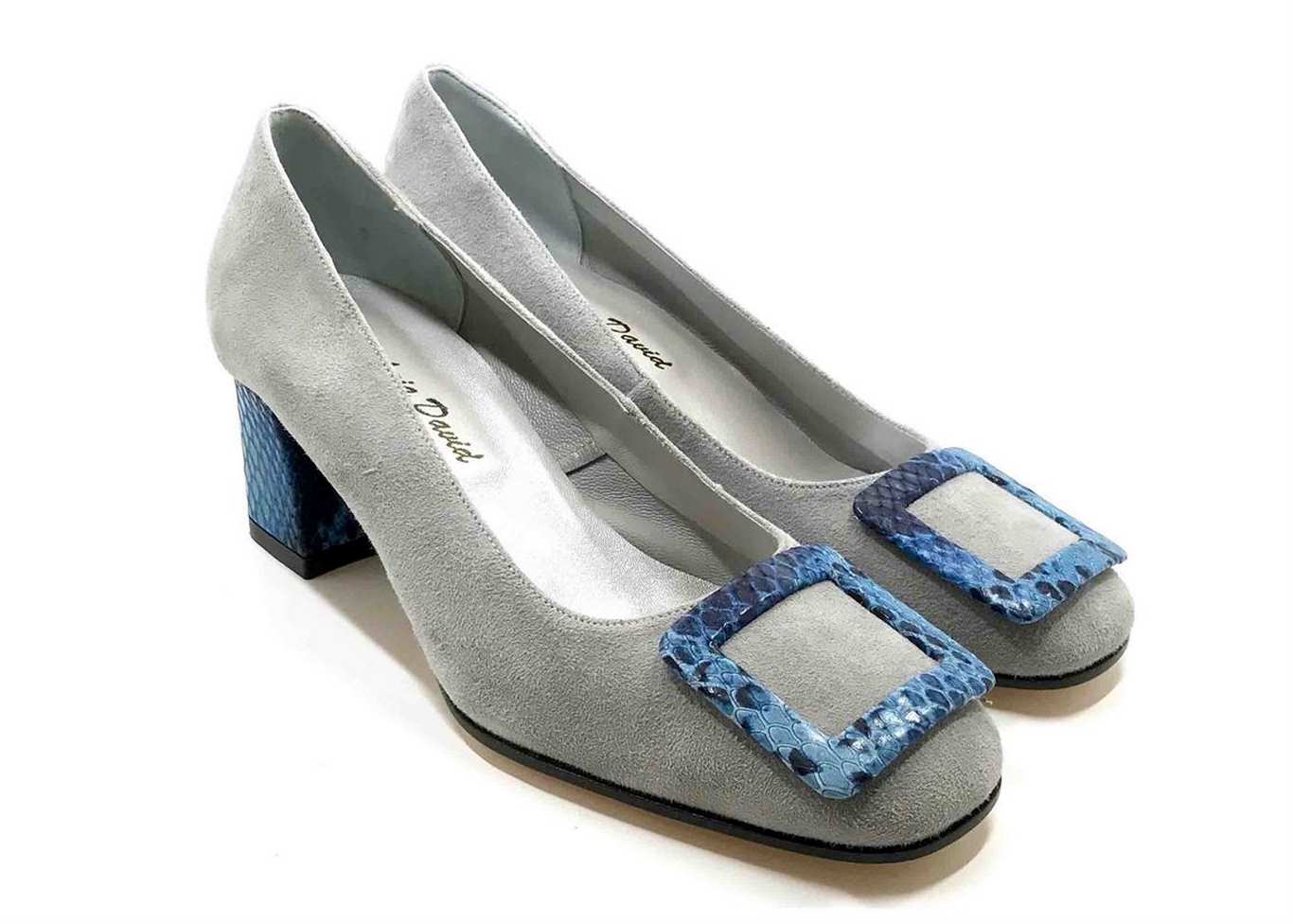 Décolleté Heel 5cm upper in Grey Suede, heel and buckle in printed Blue ...
